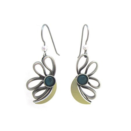 Blue Catsite Flower Dangles - Brushed Two-tone Earrings - Click Image to Close